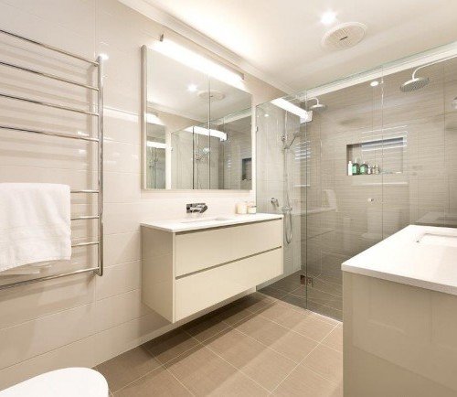 a bathroom with a glass shower