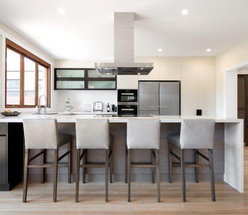 a kitchen with white chairs