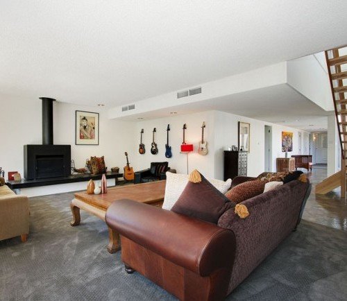 a living room with a couch and a coffee table