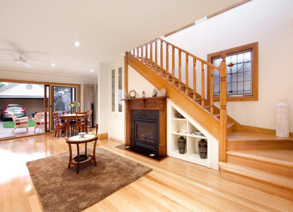 a living room with a fireplace