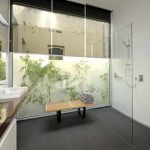 a bathroom with a glass shower