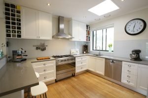 a kitchen with white cabinets