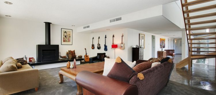 a living room with a fireplace