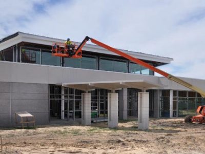 a construction vehicle outside a building