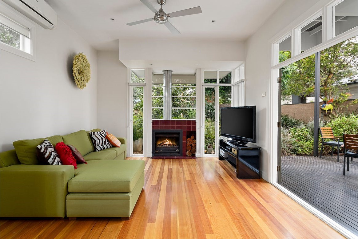 a living room with a fireplace