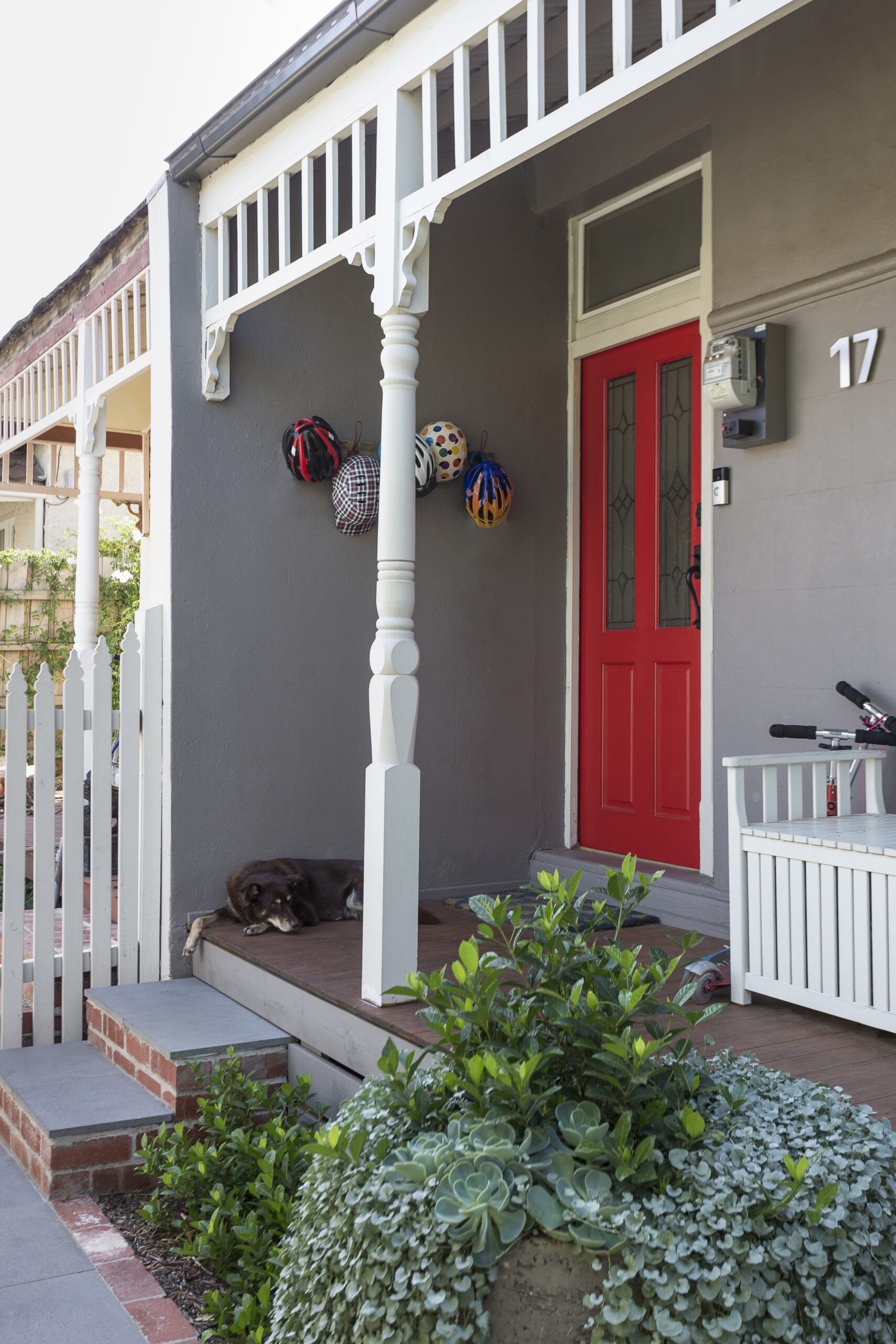 a cat lying on the steps of a house