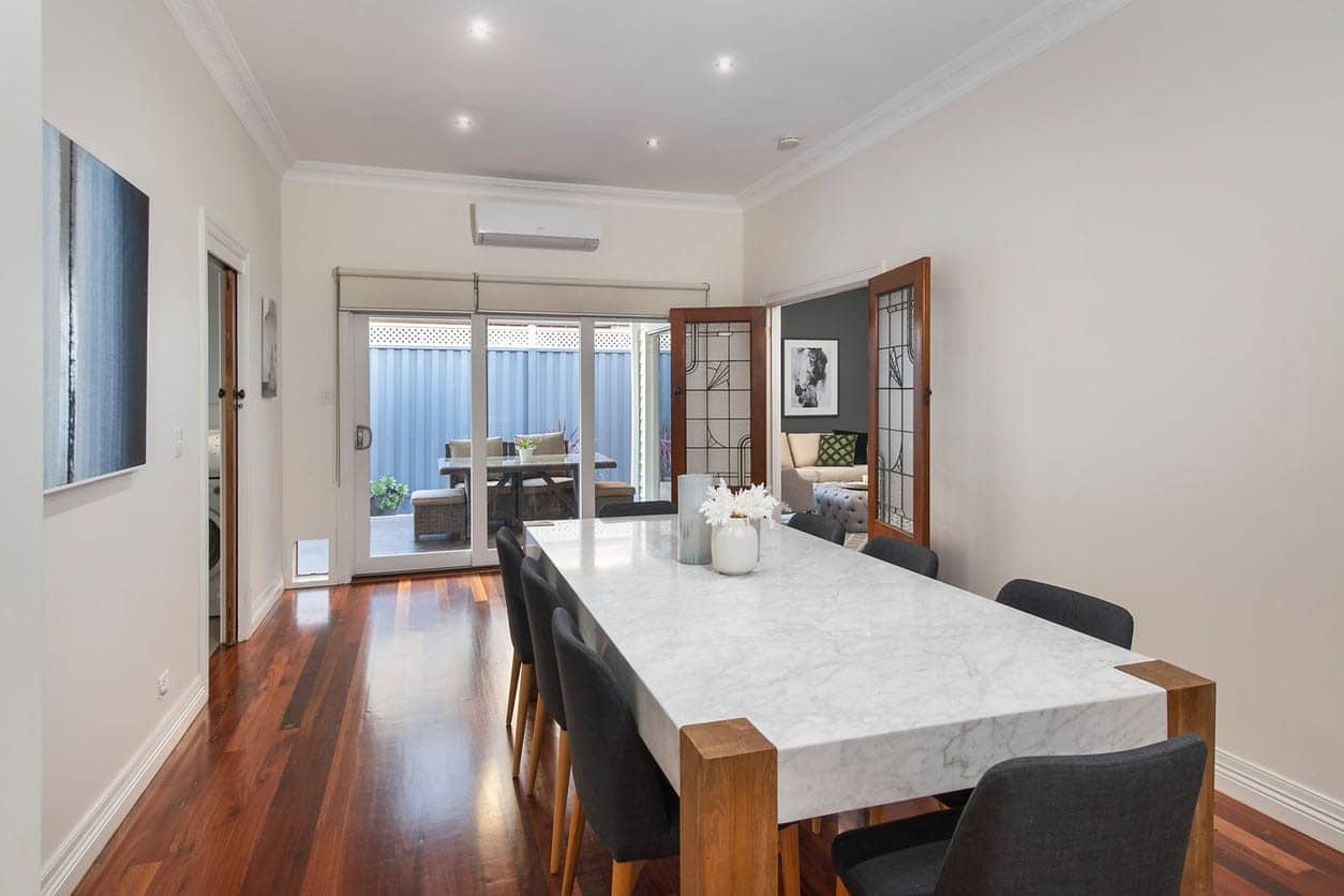 a dining room with a large table