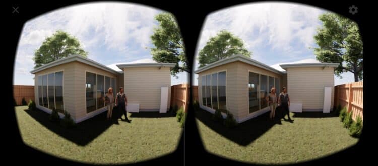 a group of people walking outside of a house