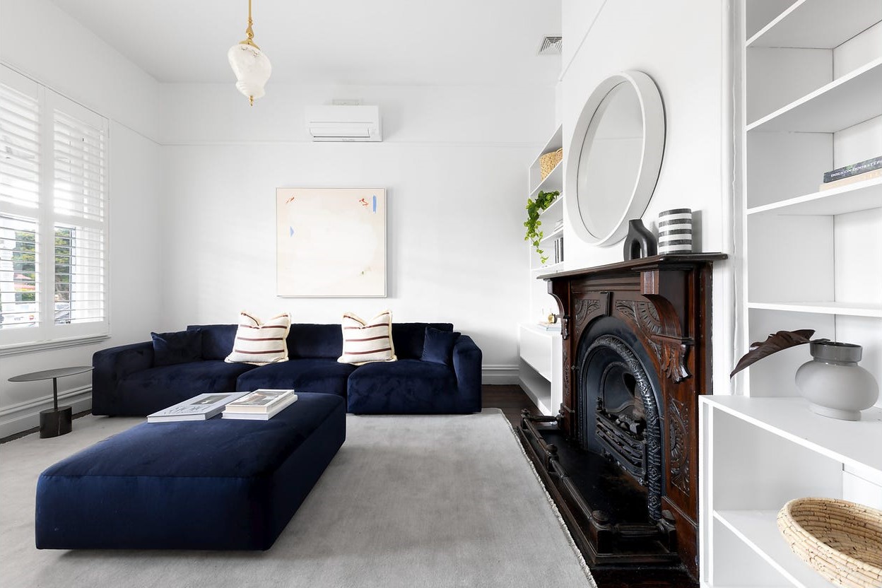 a living room with a fireplace