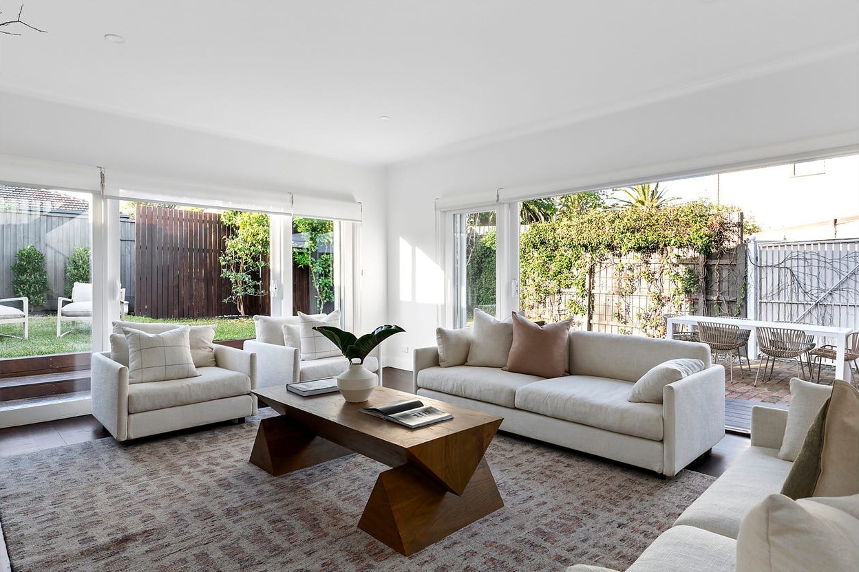 a living room with a large balcony