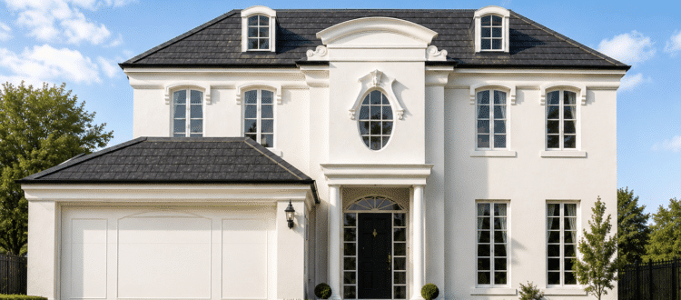 Chateau Leigh white two-storey house with a black roof