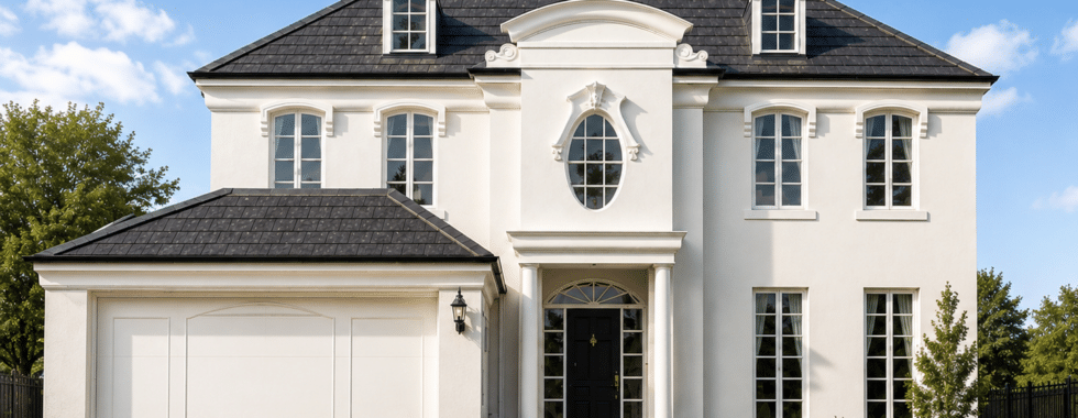 Chateau Leigh white two-storey house with a black roof