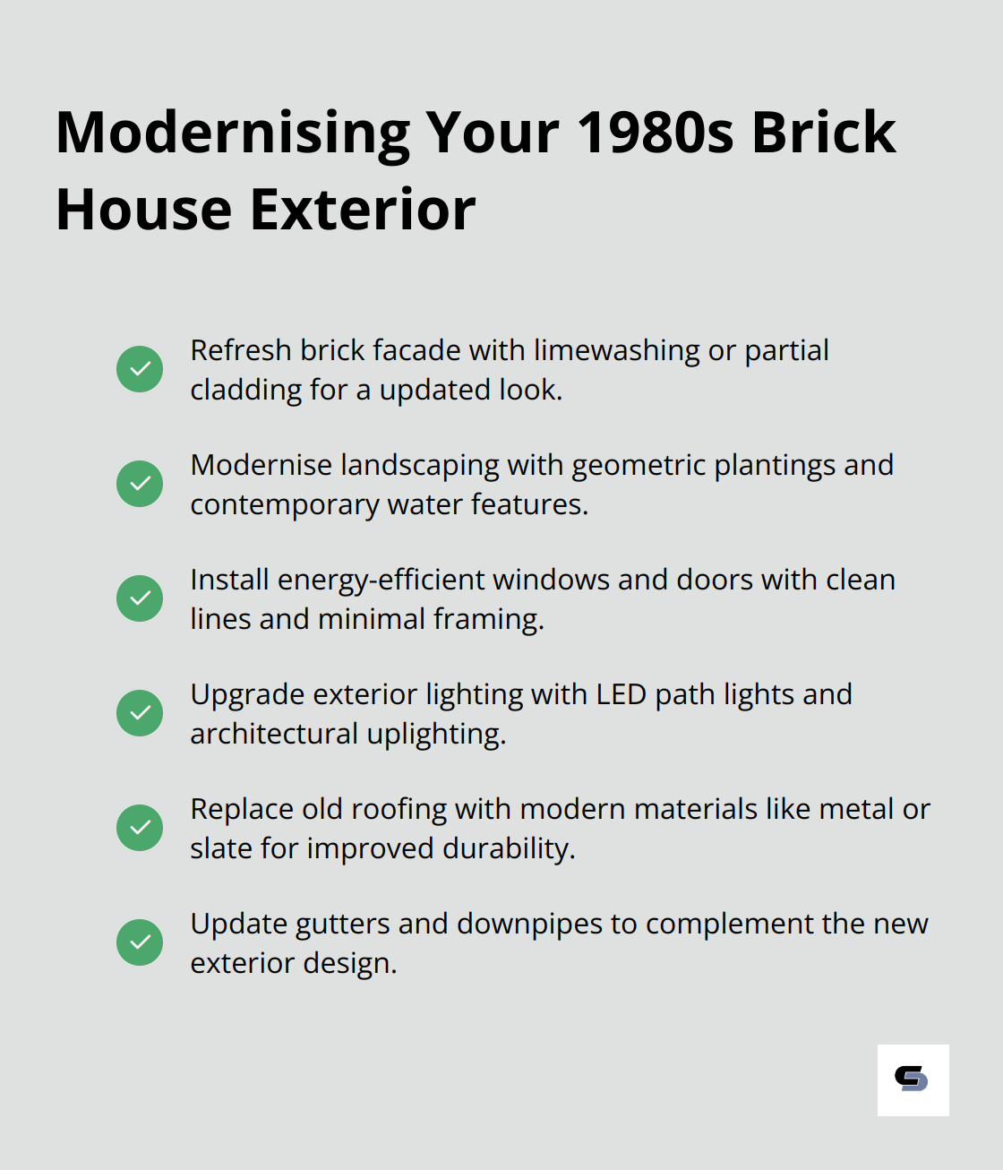 A checklist of strategies for modernising the exterior of a 1980s brick house, including facade updates, landscaping, window and door upgrades, and roof enhancements. - 1980s brick house renovation