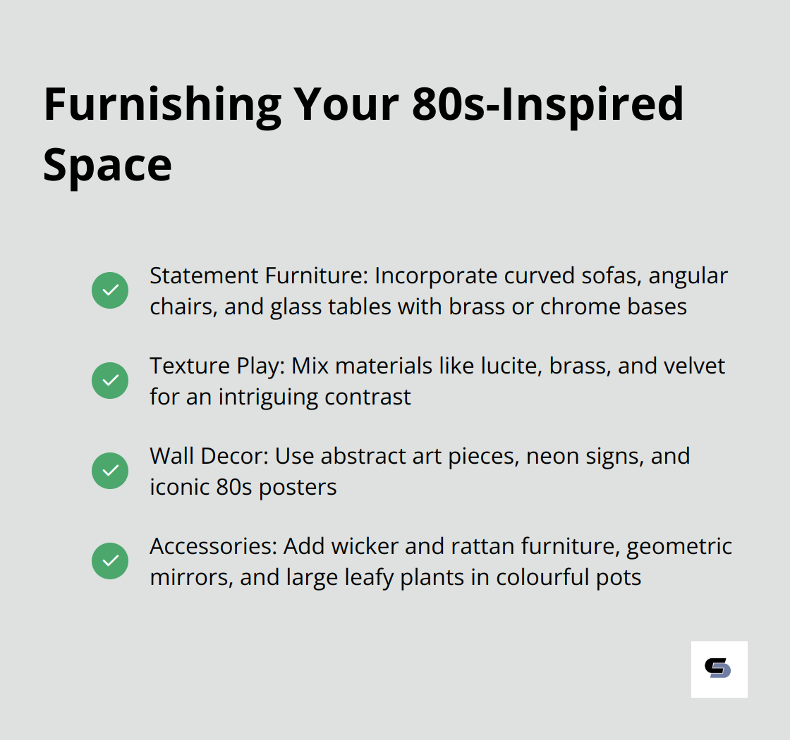 A checkmark list chart showing four key categories for furnishing an 80s-inspired space: Statement Furniture, Texture Play, Wall Decor, and Accessories - 80s house renovation