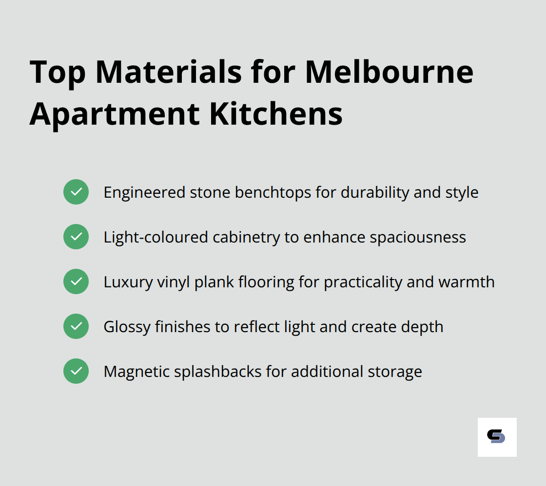 Checkmark list chart showing five top materials for Melbourne apartment kitchens: engineered stone benchtops, light-coloured cabinetry, luxury vinyl plank flooring, glossy finishes, and magnetic splashbacks. - apartment kitchen renovations melbourne
