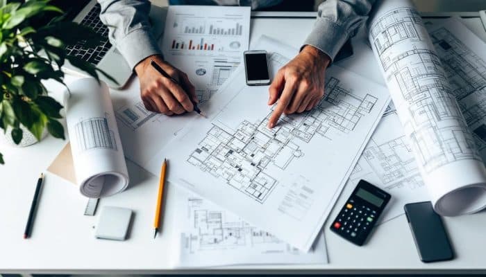 Hands working on architectural plans