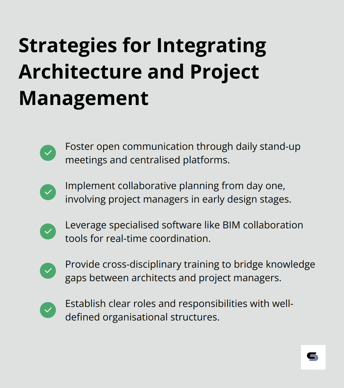 Checkmark list chart showing five strategies for integrating architecture and project management: open communication, collaborative planning, specialised software, cross-disciplinary training, and clear roles and responsibilities.