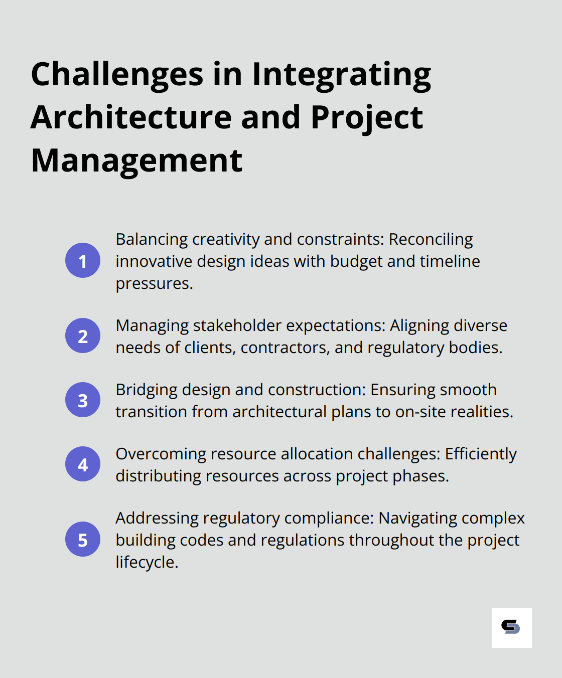 Ordered list chart showing five challenges in integrating architecture and project management: balancing creativity and constraints, managing stakeholder expectations, bridging design and construction, overcoming resource allocation challenges, and addressing regulatory compliance.