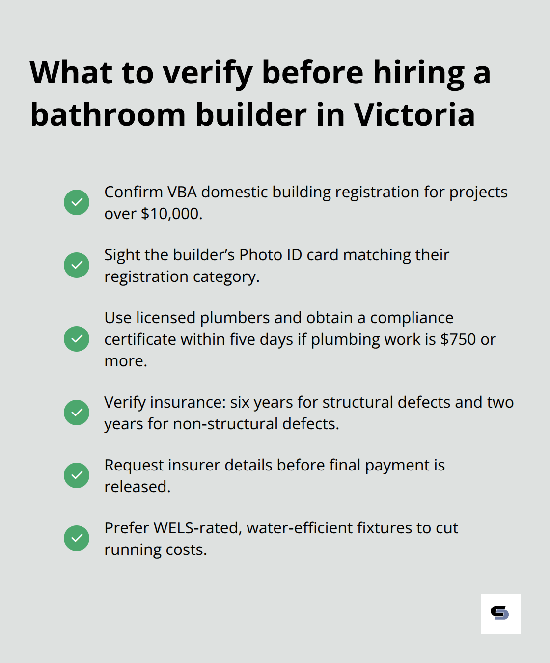 Checklist of licences, certificates, and insurance for Melbourne bathroom builders
