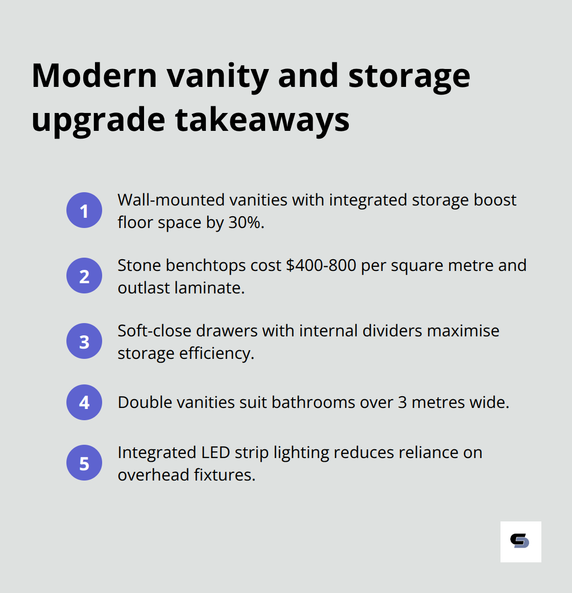 Compact guide to choosing vanities, benchtops, and storage features for Melbourne bathrooms