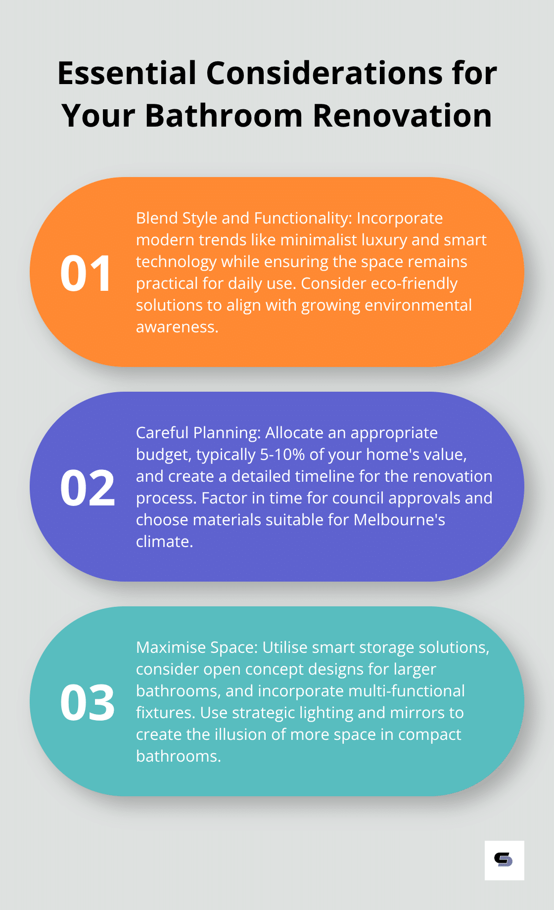 Ordered list chart highlighting three key considerations for bathroom renovations: blending style and functionality, careful planning, and maximising space. - bathroom renovations melbourne southeastern suburbs