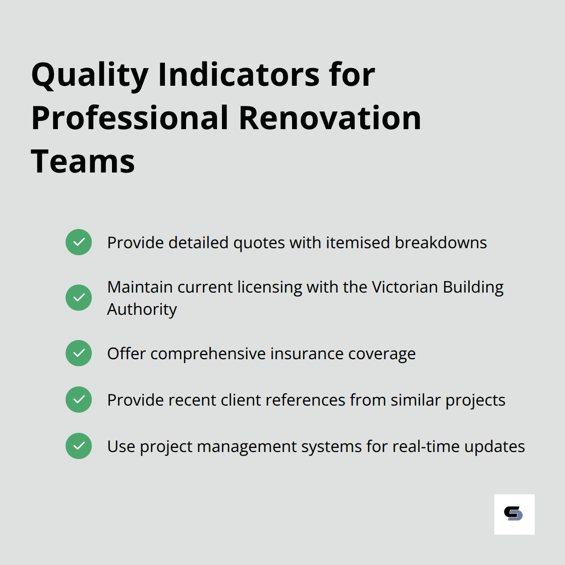 Checkmark list of quality indicators for professional renovation teams in Melbourne's western suburbs - bathroom renovations melbourne western suburbs