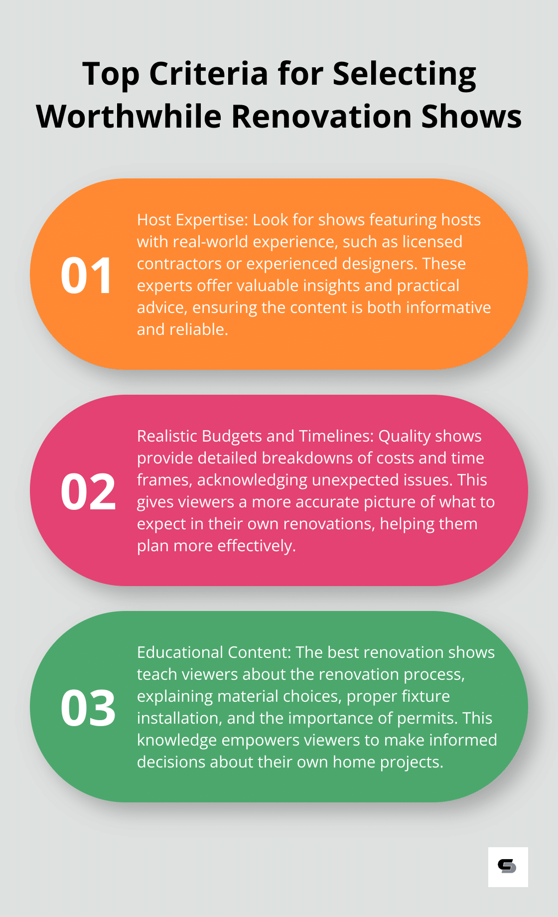 An ordered list chart presenting the top three criteria for selecting worthwhile renovation shows: Host Expertise, Realistic Budgets and Timelines, and Educational Content. - best house renovation shows