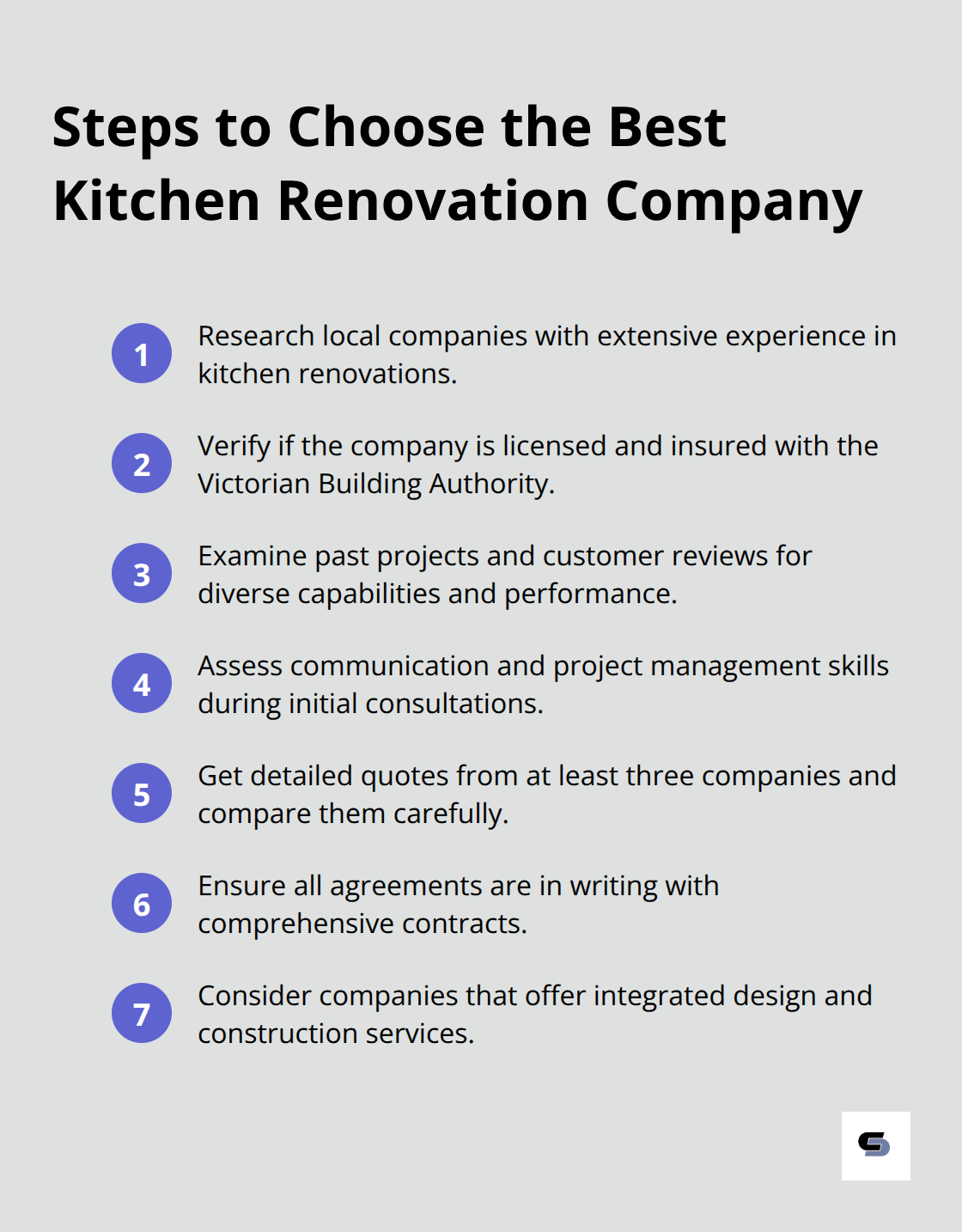 Ordered list of steps to choose the best kitchen renovation company in Melbourne