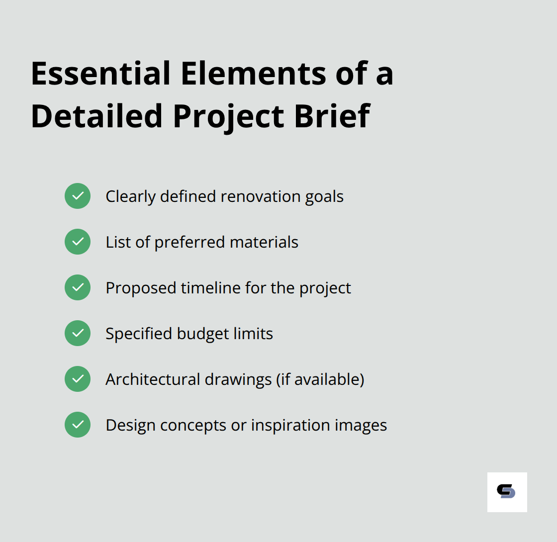 A checkmark list showing six essential elements to include in a detailed project brief for renovation quotes: Renovation Goals, Preferred Materials, Timeline, Budget Limits, Architectural Drawings, and Design Concepts. - builders small renovations melbourne