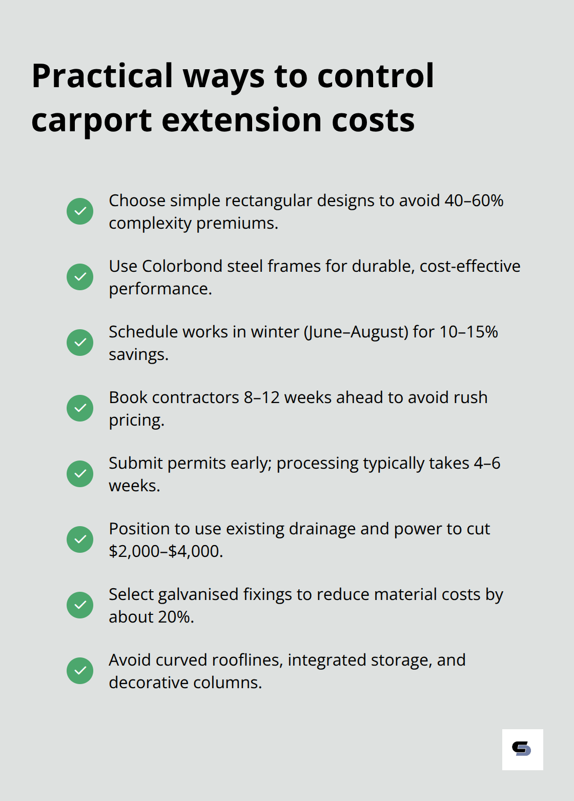 Checklist of strategies to reduce carport extension expenses in Melbourne