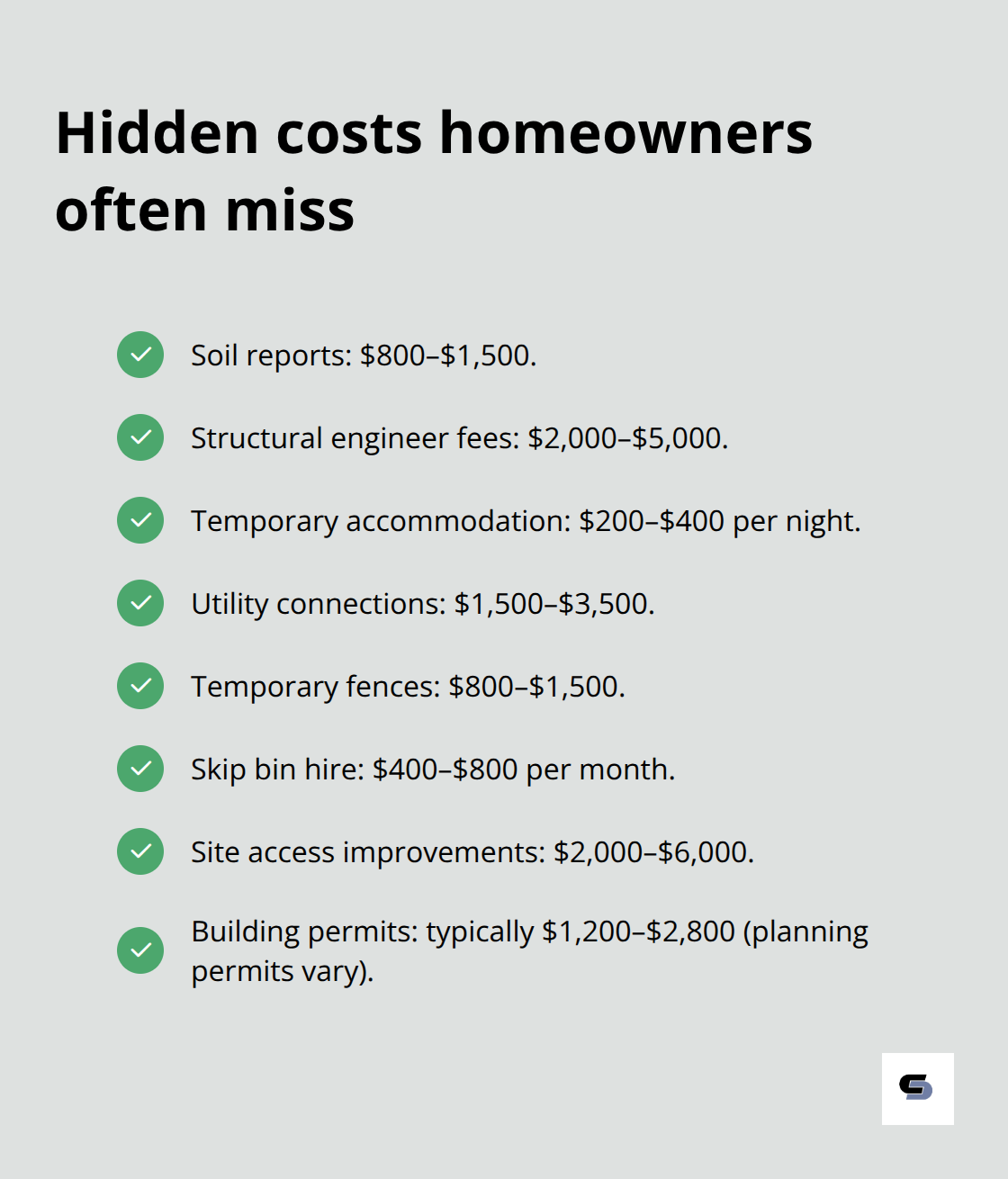 Checklist of common hidden costs in Melbourne home extensions with typical price ranges - cost for single story extension