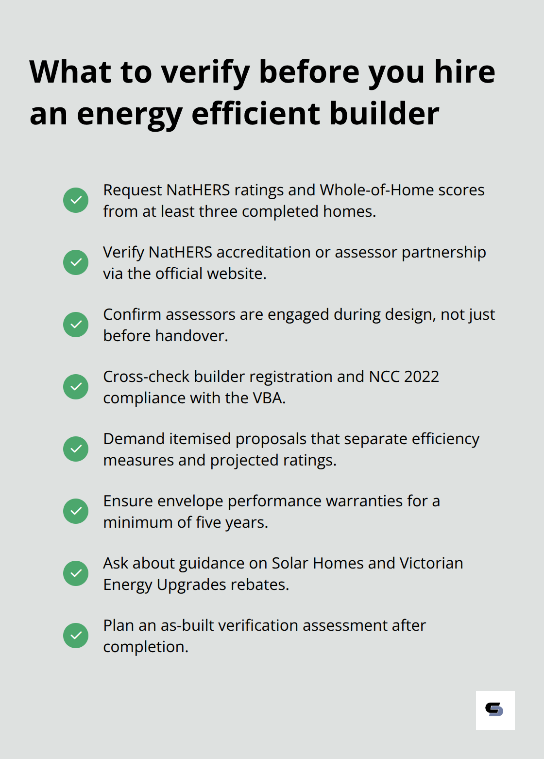 Checklist of verification steps for selecting an energy efficient builder in Melbourne
