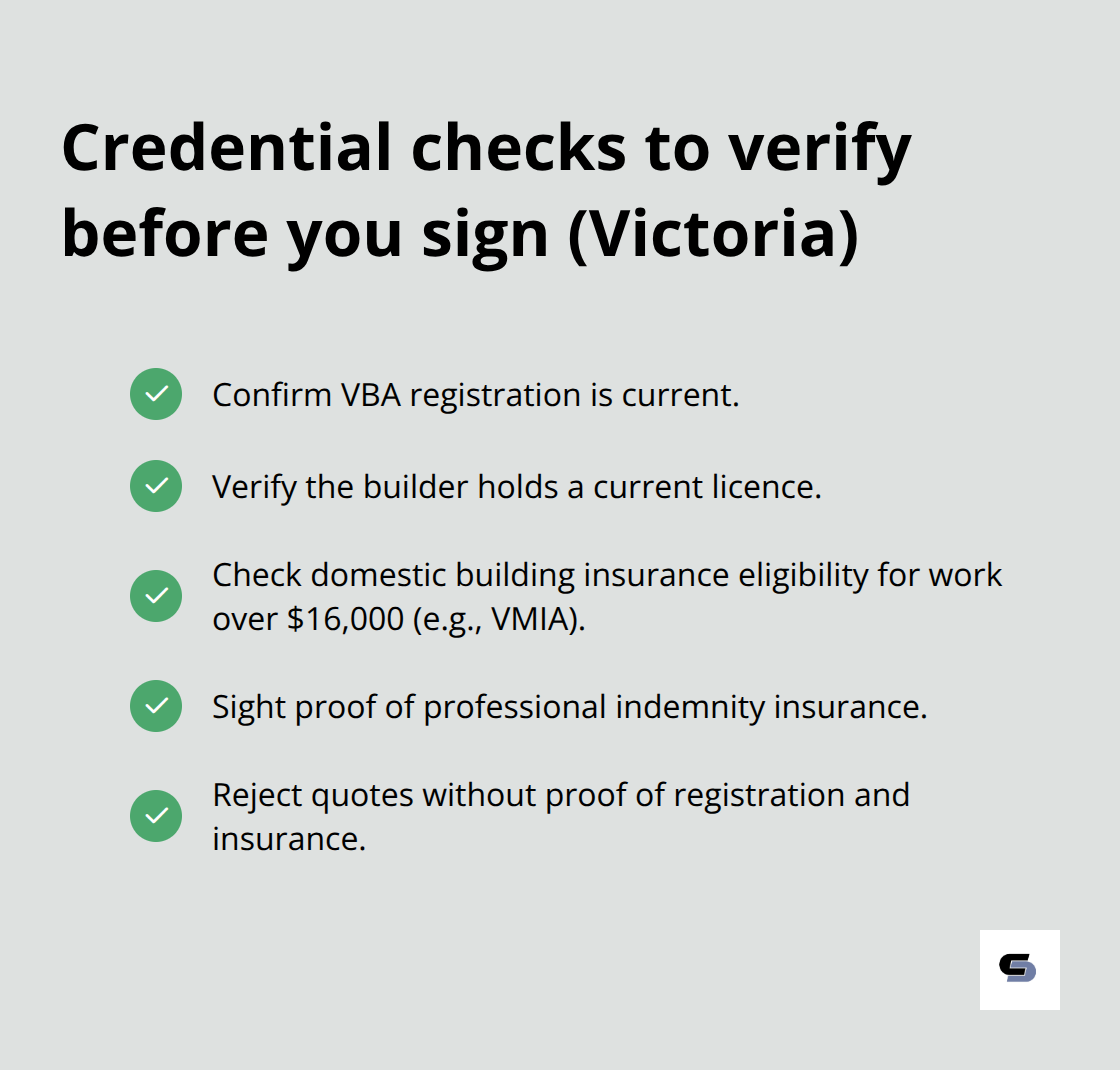 Checklist of builder registration and insurance verifications for Victorian extensions