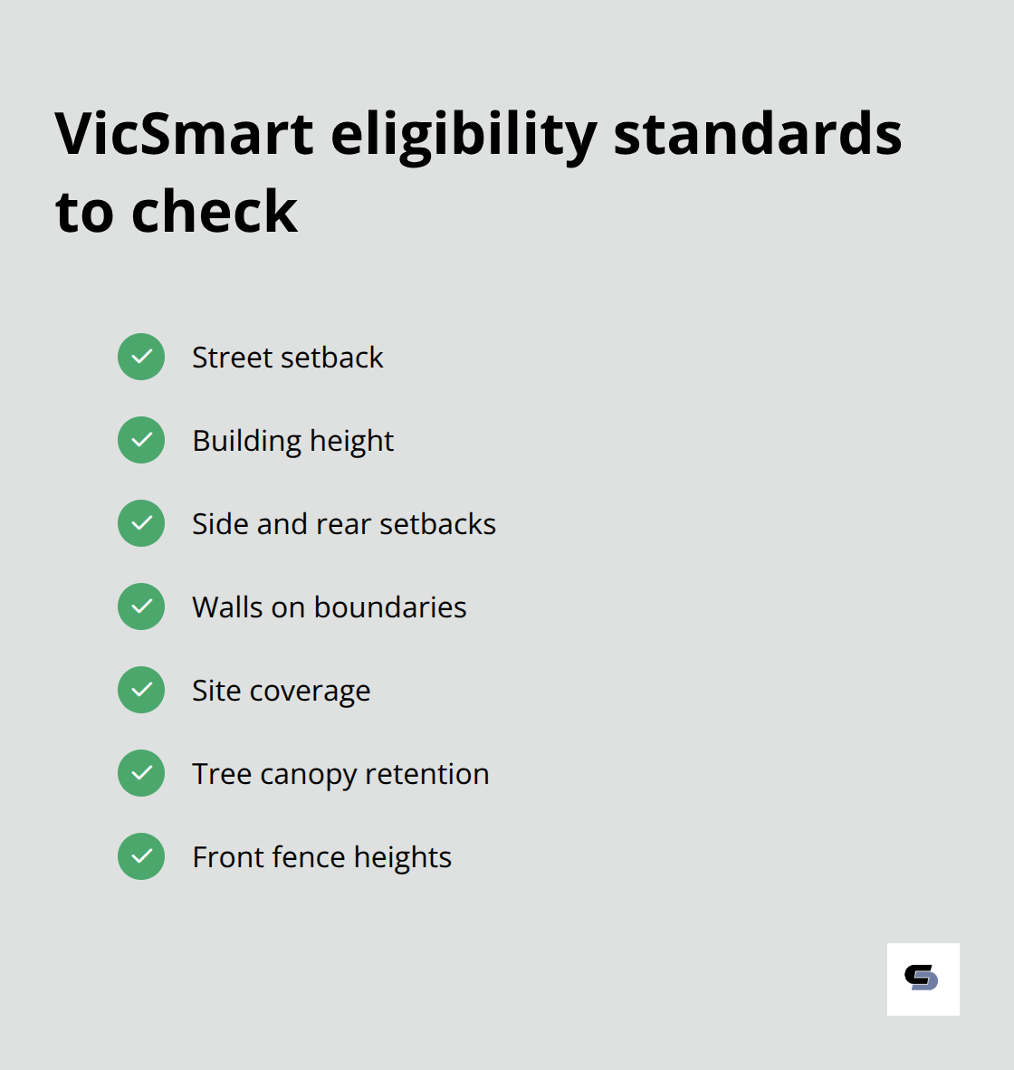 Checklist of VicSmart standards relevant to narrow-lot ground floor extensions in Melbourne
