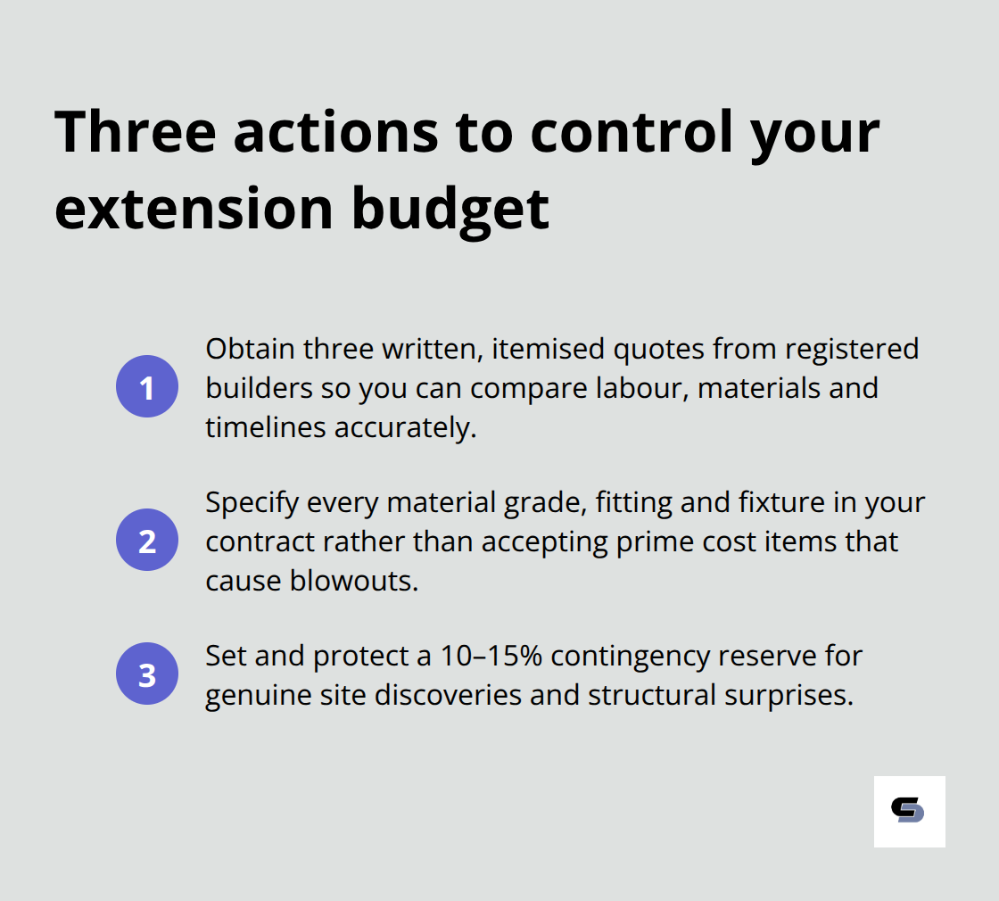 Ordered list of three practical steps to manage extension costs - home extension cost melbourne