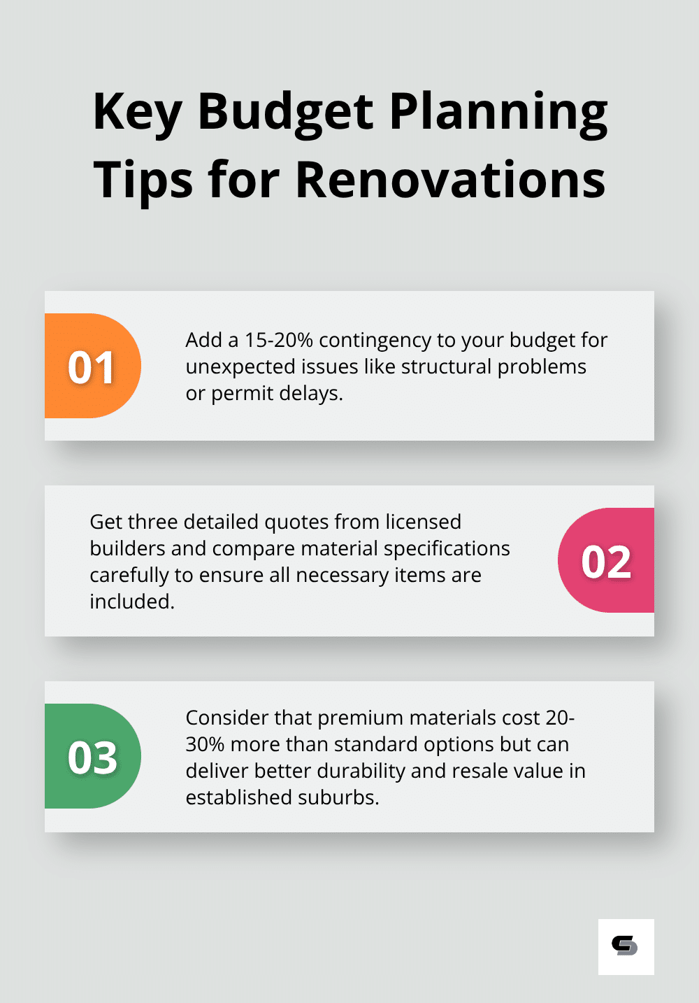 An ordered list chart showing three key budget planning tips for renovations, including adding a contingency, getting multiple quotes, and considering material costs. - home renovations melbourne south eastern suburbs