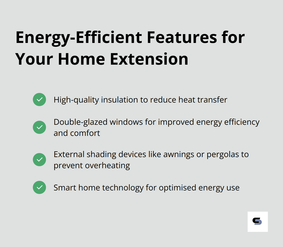 Checklist of energy-efficient features including insulation, double-glazed windows, external shading, and smart home technology