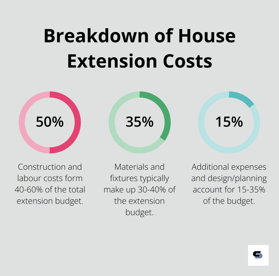 Pie chart showing the breakdown of house extension costs: Construction and labour 40-60%, Materials and fixtures 30-40%, Additional expenses 10-20%, Design and planning 5-15%