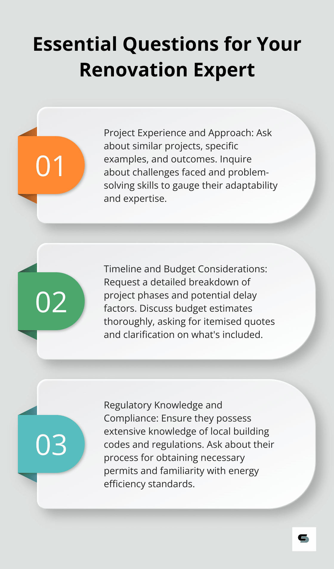 An ordered list chart presenting three key areas to question your renovation expert: Project Experience, Timeline and Budget, and Regulatory Compliance. - house renovation advice