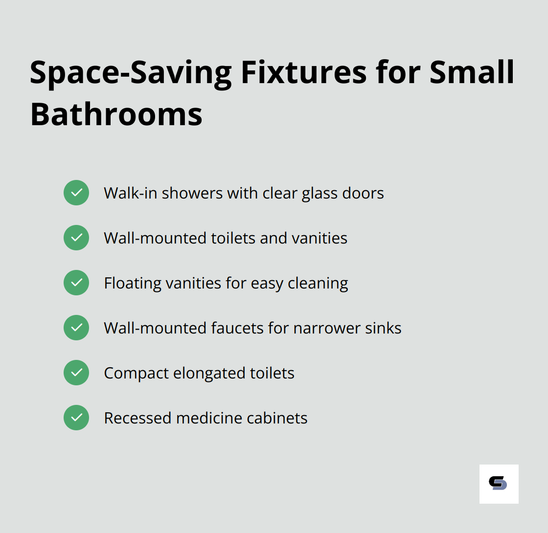 Checkmark list of space-saving fixtures for small bathrooms