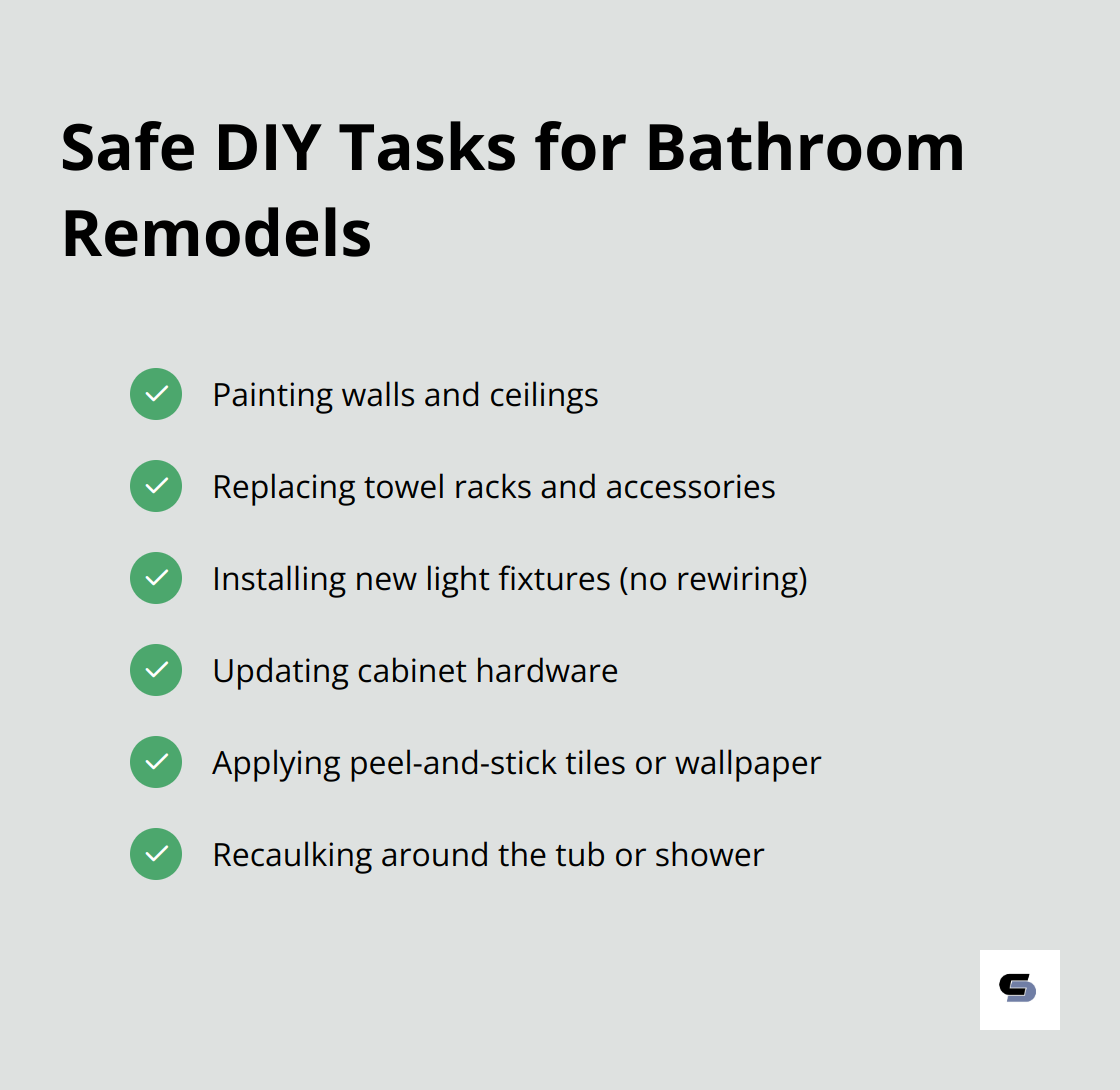 A checklist of 6 safe DIY tasks for bathroom remodels, including painting, replacing hardware, installing light fixtures, updating cabinet hardware, applying peel-and-stick tiles, and recaulking. - budget bathroom remodel ideas