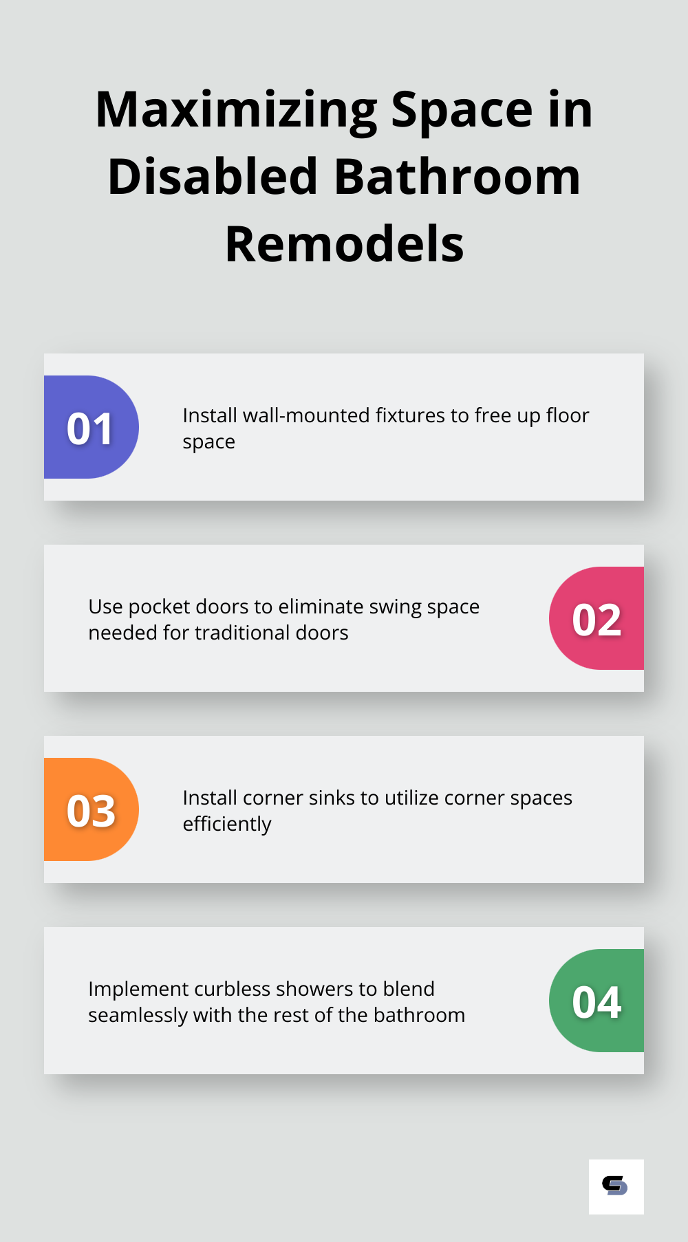 A chart listing four strategies to optimize space in disabled bathroom remodels: wall-mounted fixtures, pocket doors, corner sinks, and curbless showers.