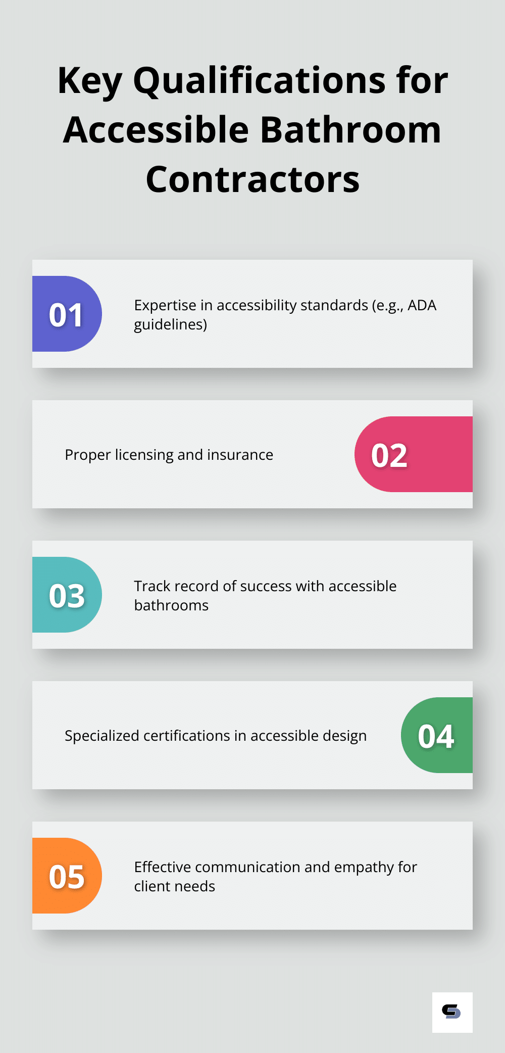 Five essential qualifications to look for when selecting contractors for accessible bathroom remodels: expertise in accessibility standards, proper licensing and insurance, track record of success, specialized certifications, and effective communication and empathy. - handicap bathroom remodel contractors