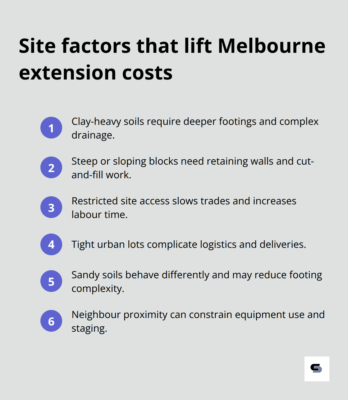 Compact list of site-related cost drivers for Melbourne house extensions - house extension cost