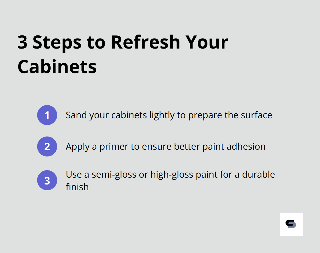 Three steps to refresh cabinet finishes: sand, prime, and paint with semi-gloss or high-gloss