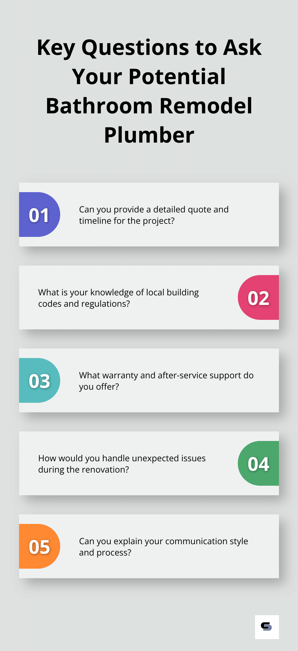 Infographic listing five essential questions to ask a potential plumber for your bathroom remodel