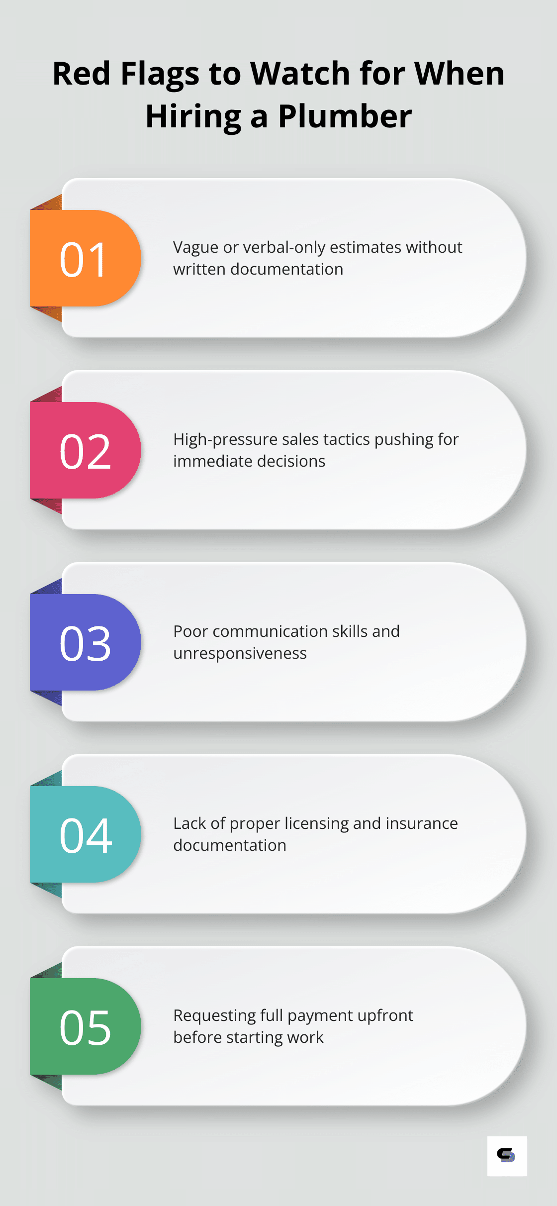 Infographic highlighting five red flags to be aware of when hiring a plumber for your bathroom remodel - plumber and bathroom remodel