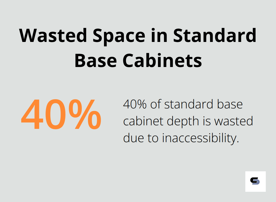 Percentage chart illustrating that 40% of standard base cabinet depth is wasted due to inaccessibility