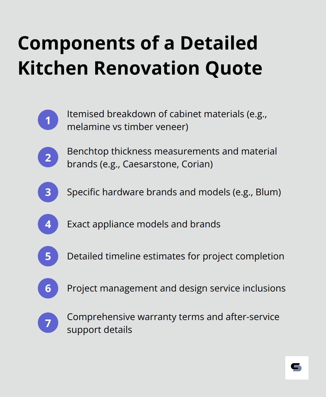 Ordered list of key components in a detailed kitchen renovation quote for Melbourne, including itemised breakdowns, material specifications, project management details, and warranty terms. - kitchen renovations melbourne reviews