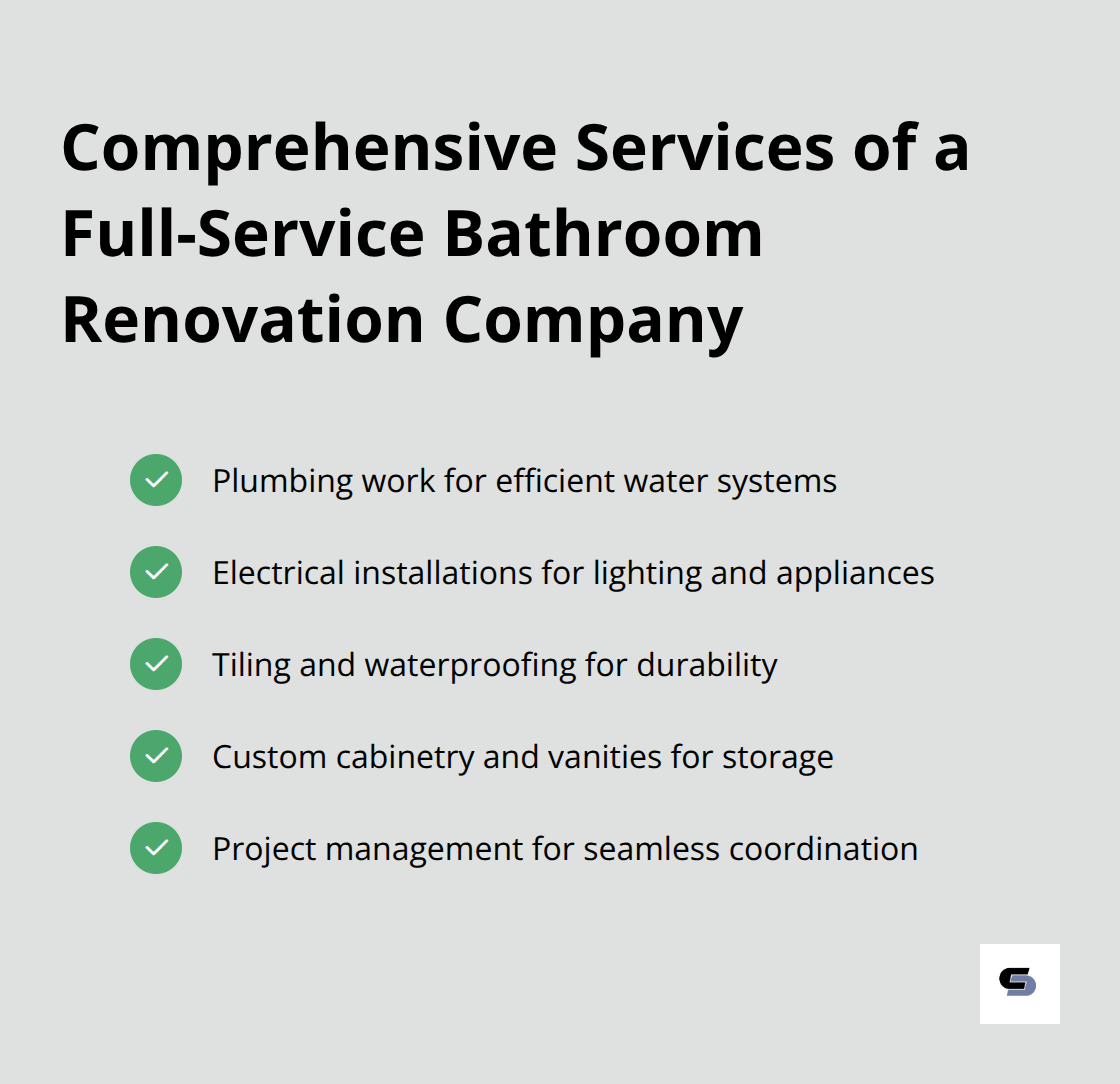 Checklist of services offered by full-service bathroom renovation companies including plumbing, electrical, tiling, waterproofing, and custom cabinetry - m&l bathroom renovations melbourne